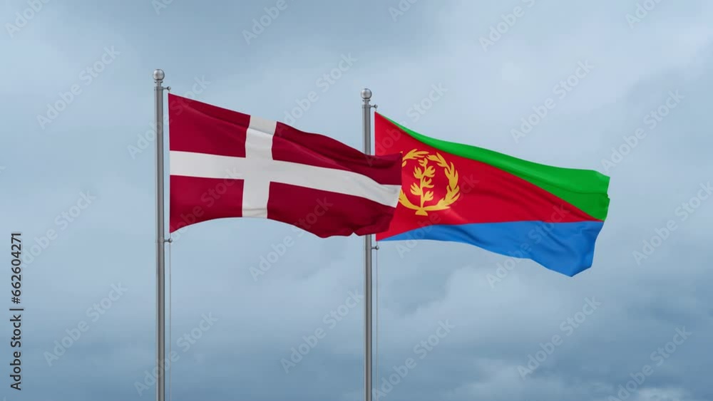 Eritrea and Denmark flag waving together on cloudy sky, endless seamless loop, two country cooperation concept Eritrea and Denmark flag waving together on cloudy sky, endless seamless loop, two country cooperation concept
