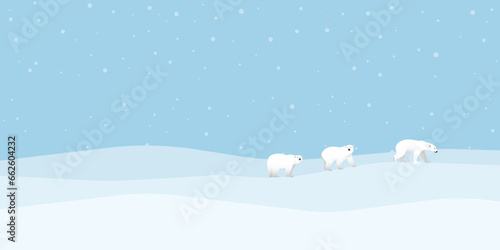 Polar bears family walking on ice have snowfall at North Pole vector illustration. Snow landscape concept with blank space.