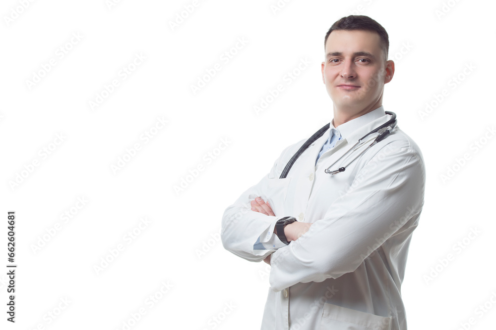 Medicine Ideas. Portrait of Positive Professional Confident Male GP Doctor Posing in Doctor's Smock And Endoscope with Hands Crossed Against White. Medicine Ideas. Portrait of Positive Professional Confident Male GP Doctor Posing in Doctor's Smock And Endoscope with Hands Crossed Against White.