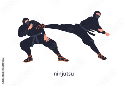 Ninjutsu fighters opponents. Japan ninja warriors wrestling, fighting in batt...