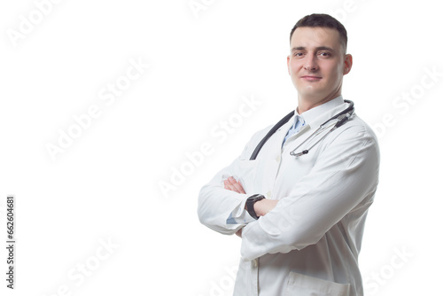 Medicine Ideas. Portrait of Positive Professional Confident Male GP Doctor Posing in Doctor's Smock And Endoscope with Hands Crossed Against White.