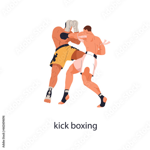 Kickboxing fight, martial art. Kick boxing fighters. Combat sport match. Boxers wrestling tournament. Men athletes in battle competition. Flat vector illustration isolated on white background