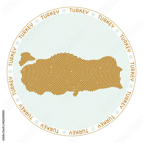 Turkey shape radial arcs. Country round icon. Turkey logo design poster. Modern vector illustration.