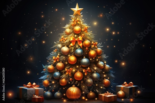 Christmas tree with Christmas balls and gifts. Background Generative AI