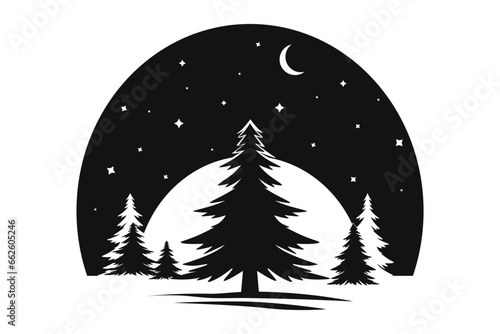 Winter landscape. Starry night in the winter forest. New Year silhouette.