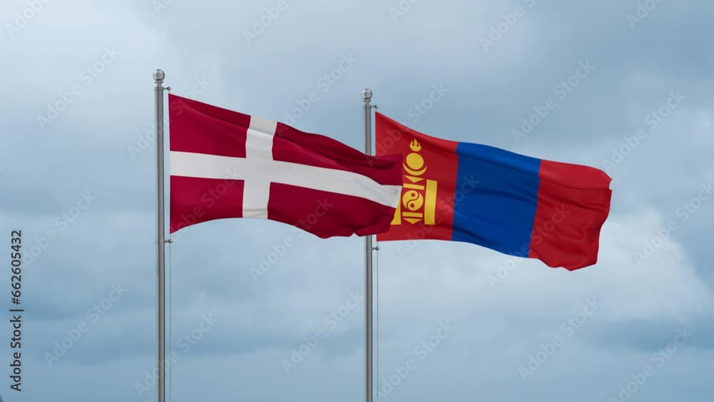 Mongolia and Denmark flag waving together on cloudy sky, endless seamless loop, two country cooperation concept Mongolia and Denmark flag waving together on cloudy sky, endless seamless loop, two country cooperation concept