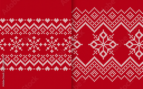 Xmas knitted sweater ornament. Red and white knit print. Christmas seamless pattern. Winter geometric texture. Holiday fair isle traditional background. Vector festive crochet.
