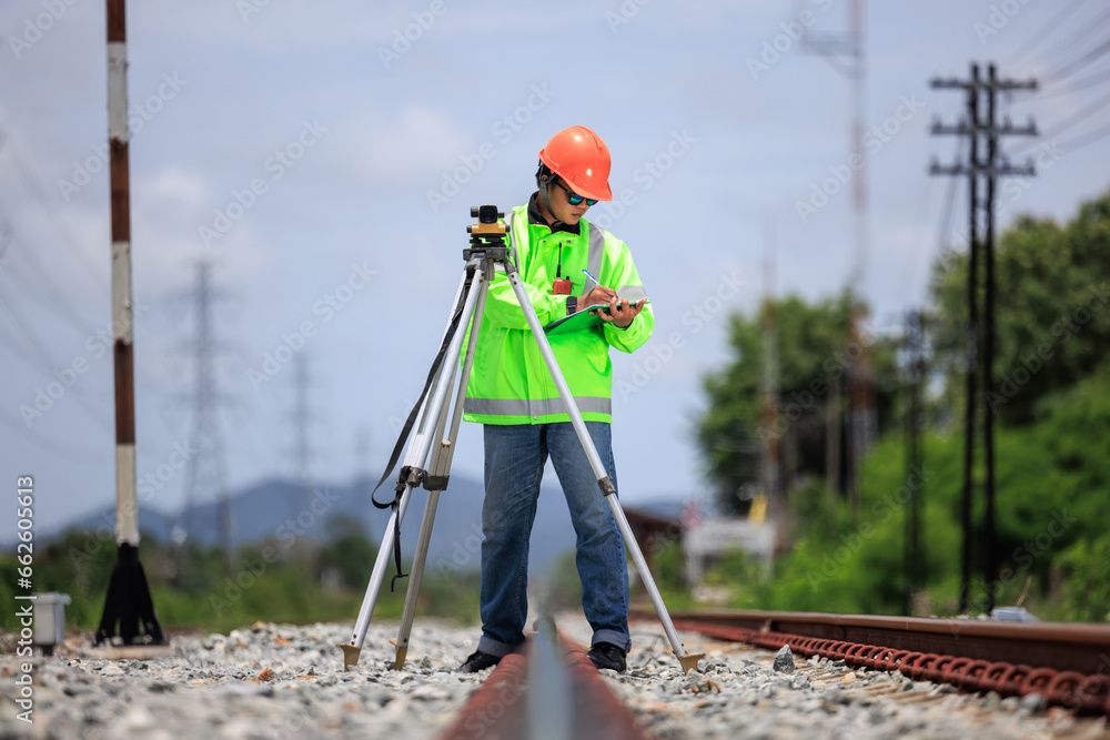 Engineer asian male wearing green uniform and orange hard hat use theodolite equipment and holdint data paper surveying construction worker on Railway site.