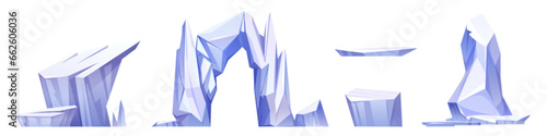 Glacier iceberg and snow rock arctic mountain cartoon vector piece set. Frozen ice berg landscape element isolated winter graphic. Chunk arc and freeze ocean glacial water icon and floe collection