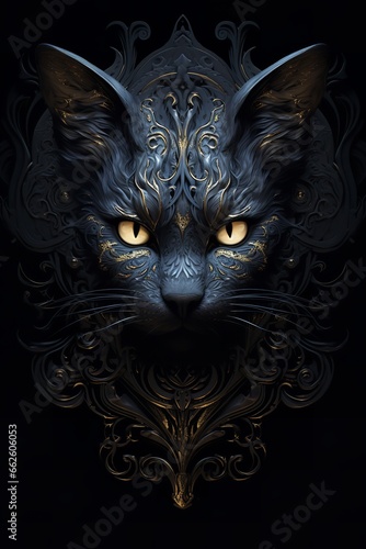 Digital art of a black cat with yellow eyes and a gold pattern on its face. The cat is looking directly at the viewer, and its eyes are piercing. The pattern on the cat's face is very intricate © wiwid