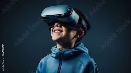 Portrait of a delighted child in a virtual reality headset explores the virtual space of the meta-universe. Concept of gaming and futuristic entertainment © Katrin_Primak