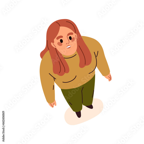 Woman looking up, top down view on amazed shocked surprised face. Female character watching in amazement, standing, head from above, overhead. Flat vector illustration isolated on white background
