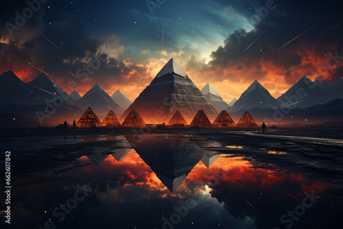 This image of the Pyramids of Giza in your style features a mesmerizing composition of abstract and geometric elements. 
