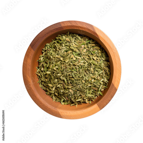 top view of thyme in a wooden bowl isolated on a white transparent background