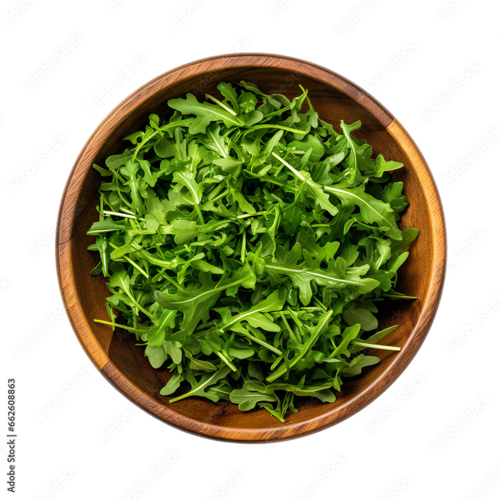 top view of diced arugula vegetable in a wooden bowl isolated on a white transparent background top view of diced arugula vegetable in a wooden bowl isolated on a white transparent background