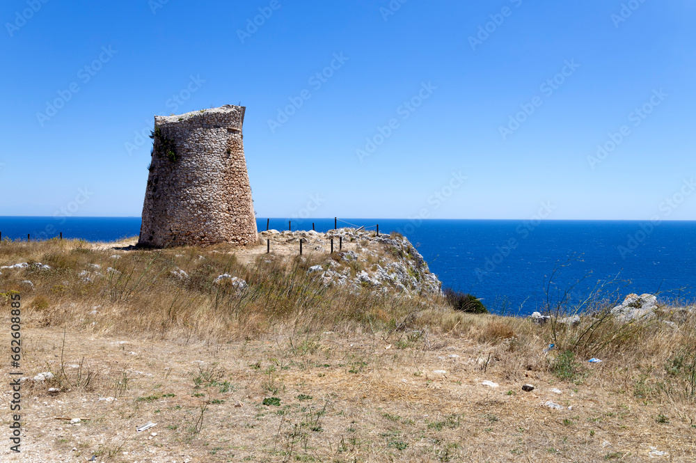 View of Minervino tower, the fortification and defense from the east coast of Salento in the municipality of Santa Cesarea Terme, province of Lecce, Puglia, Italy