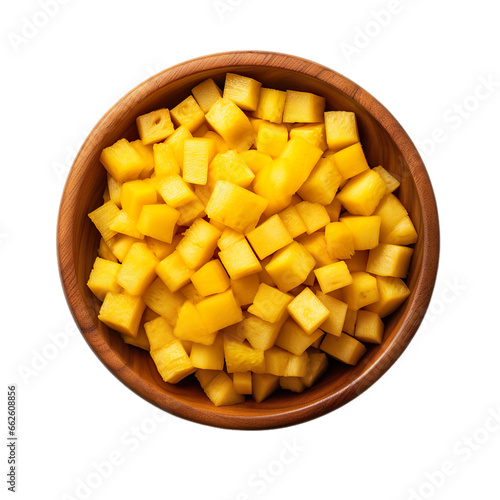 top view of diced yellow squash vegetable in a wooden bowl isolated on a white transparent background