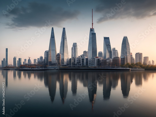 Beautiful shot of tall city buildings under a cloudy sky at day and night © Rumana