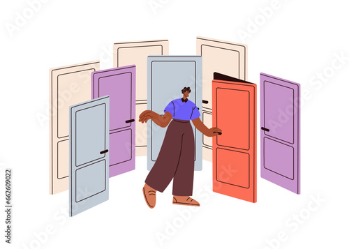 Choice and decision making concept. Person choosing door way to enter. Character searching, finding life chances, opportunities, attempts. Flat vector illustration isolated on white background