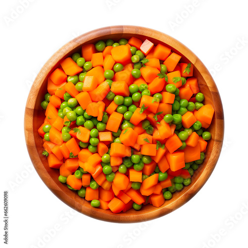 top view of diced carrots vegetable in a wooden bowl isolated on a white transparent background