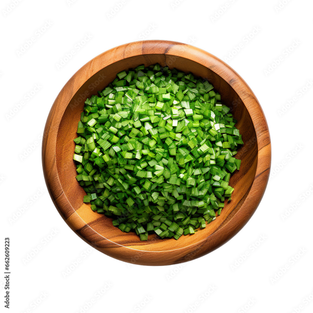 top view of cut chives in a wooden bowl isolated on a white transparent background top view of cut chives in a wooden bowl isolated on a white transparent background