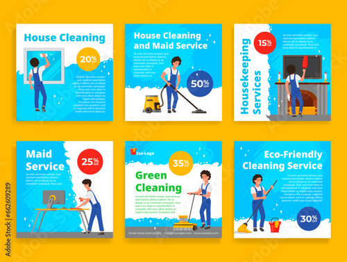 Maid service eco friendly house cleaning sale discount promo poster set vector illustration