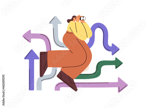 Searching ways, directions concept. Person with binoculars looking for opportunities, multiple chances, choosing from different options. Flat graphic vector illustration isolated on white background