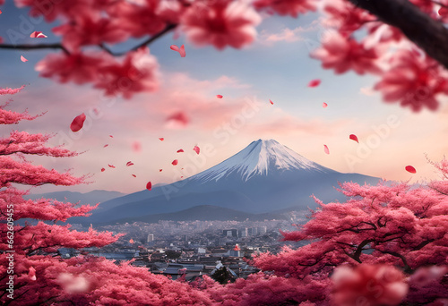 Leinwand Poster Red cherry sakura blossom with a mountain in the background.