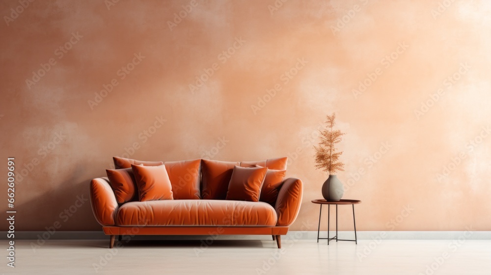Velvet loveseat sofa near beige blank wall with copy space. Minimalist home interior design of modern living room. Velvet loveseat sofa near beige blank wall with copy space. Minimalist home interior design of modern living room.