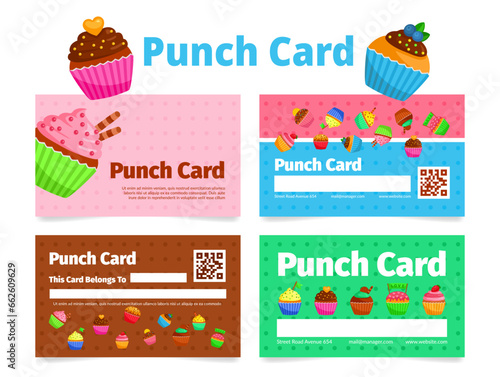 Punch card with sweet cupcakes dessert bonus coupon for special offer set vector illustration