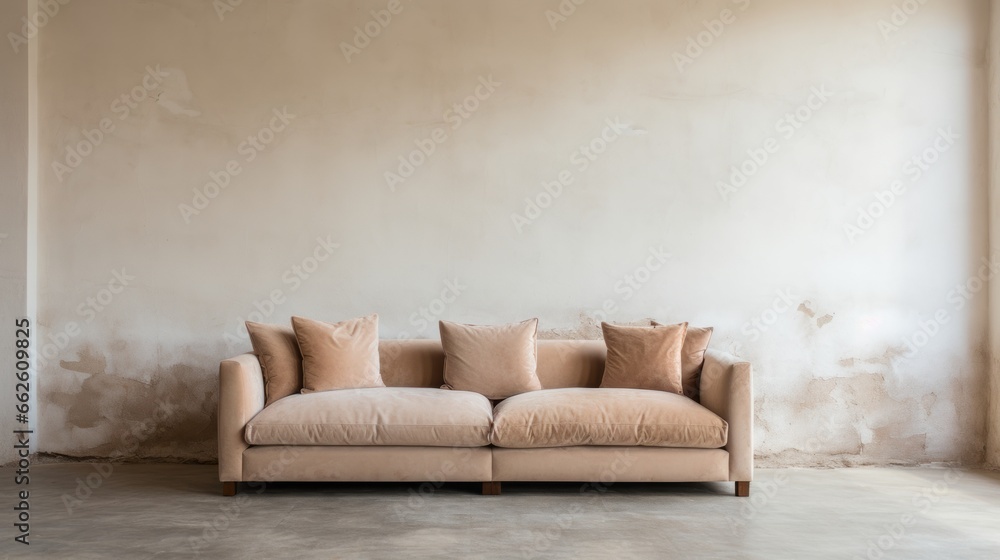 Velvet loveseat sofa near beige blank wall with copy space. Minimalist home interior design of modern living room. Velvet loveseat sofa near beige blank wall with copy space. Minimalist home interior design of modern living room.