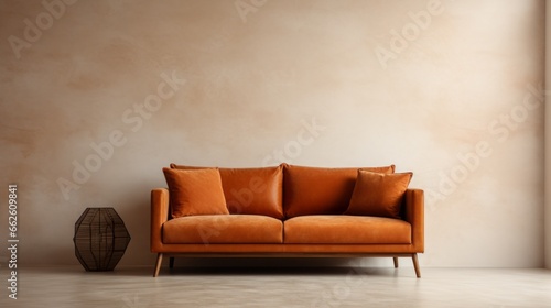 Velvet loveseat sofa near beige blank wall with copy space. Minimalist home interior design of modern living room. © ND STOCK