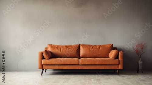 Velvet loveseat sofa near beige blank wall with copy space. Minimalist home interior design of modern living room.