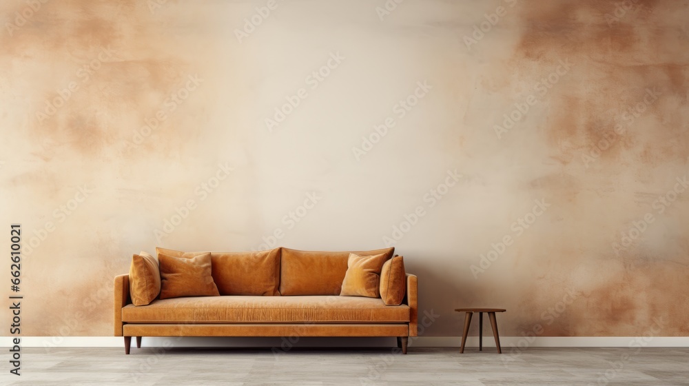 Velvet loveseat sofa near beige blank wall with copy space. Minimalist home interior design of modern living room. Velvet loveseat sofa near beige blank wall with copy space. Minimalist home interior design of modern living room.