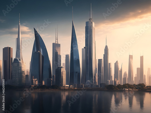 Beautiful shot of tall city buildings under a cloudy sky at day and night