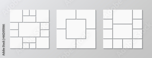 Scrapbook template set. Collection of three presentation collage layout. Moodboard grids. Mood board background. Mosaic picture frame. Gallery banner. Album brandboard. Vector illustration