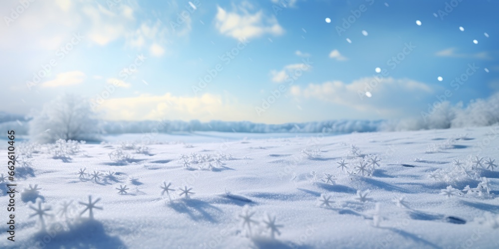 Winter beauty shines with snow and frost under a bright clear sky, creating a calm and festive atmosphere.