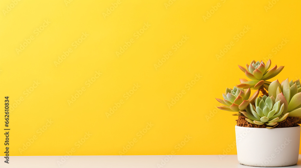 minimalistic yellow background with succulents, with empty copy space
