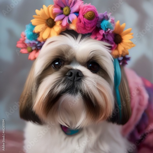 A Shih Tzu as a hippie, with a tie-dye outfit and flower crown1