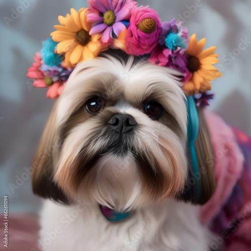 A Shih Tzu as a hippie, with a tie-dye outfit and flower crown1 photo