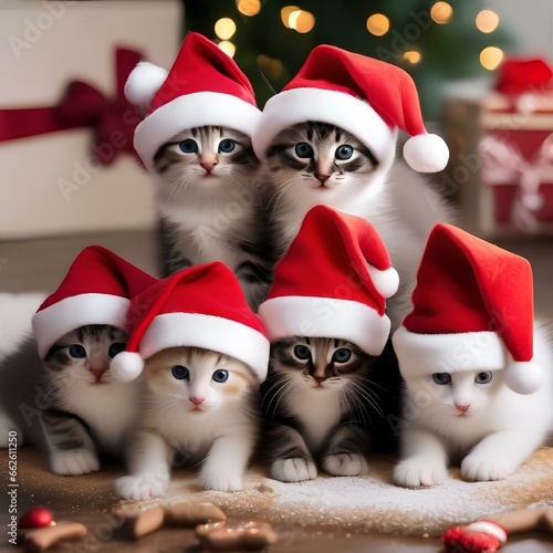 A group of kittens in tiny Santa hats, gathered around a gingerbread house2 photo