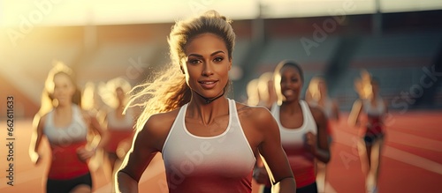 Female athletes practicing running race on track during training With copyspace for text