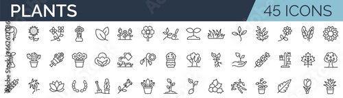 Set of 45 outline icons related to plants, floral. Linear icon collection. Editable stroke. Vector illustration