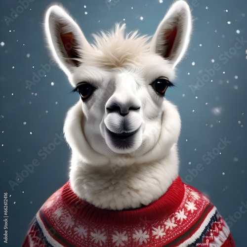 A fluffy llama wearing a knitted Christmas sweater with a snowflake pattern2 photo