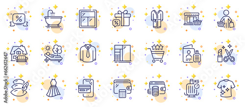 Outline set of Marketplace, Discounts ribbon and Sale gift line icons for web app. Include Beauty, Wallet, Bath pictogram icons. Passport, Dress, Bathrobe signs. Window, Buyer, Cupboard. Vector