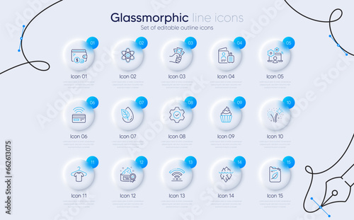 Set of Cupcake, Wallet and Fireworks line icons for web app. Passport, Iceberg, Contactless payment icons. Wifi, Canister, Cream signs. Chemistry atom, Execute, Organic product. Fraud. Vector
