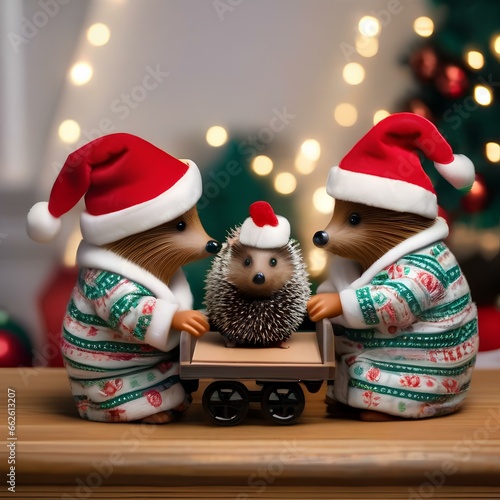 A hedgehog family in Christmas pajamas, unboxing a miniature holiday train set1 photo