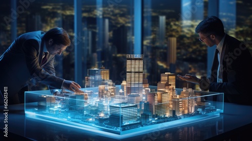 Hologram blue 3d render city model on table in real estate business. Futuristic business building concept