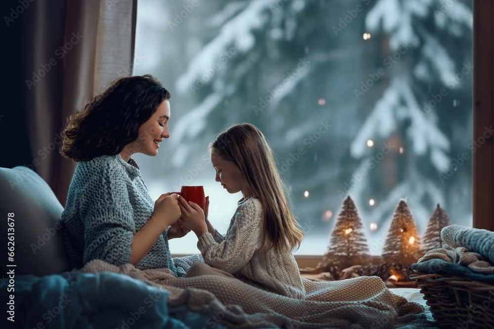 Mother and daughter enjoying winter nature in the  window - obrazy, fototapety, plakaty 