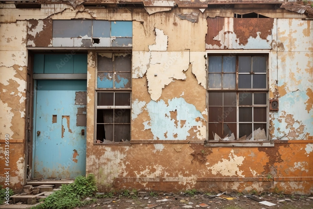 In an urban area, an old building with decayed walls and broken windows.